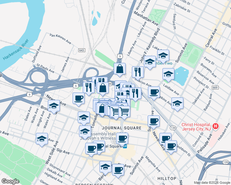 map of restaurants, bars, coffee shops, grocery stores, and more near 76 Liberty Avenue in Jersey City