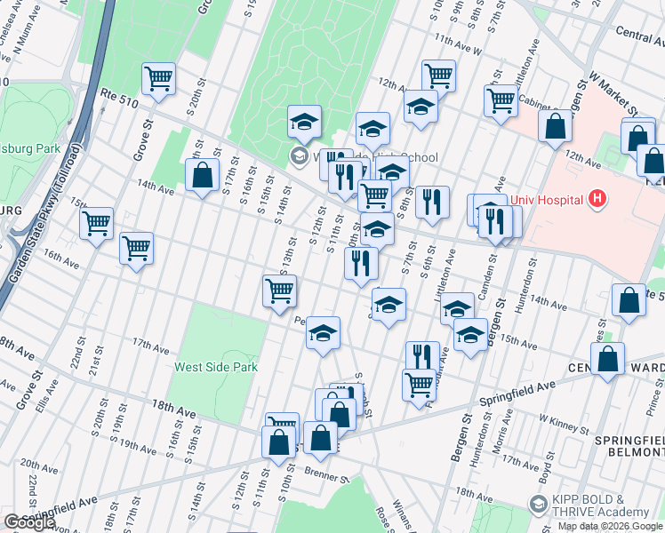map of restaurants, bars, coffee shops, grocery stores, and more near 436 South 11th Street in Newark