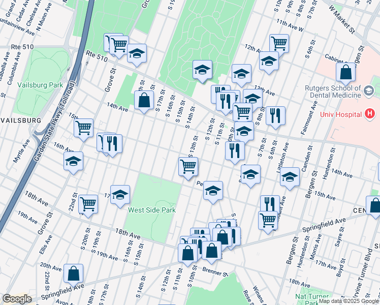 map of restaurants, bars, coffee shops, grocery stores, and more near 552 15th Avenue in Newark