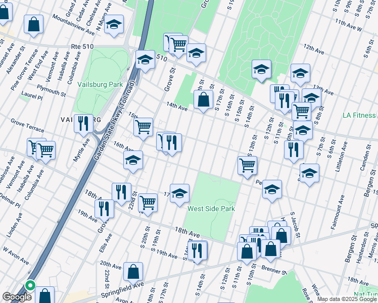 map of restaurants, bars, coffee shops, grocery stores, and more near 525 South 18th Street in Newark