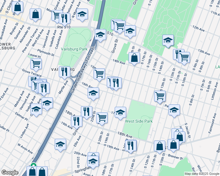 map of restaurants, bars, coffee shops, grocery stores, and more near 7 Roosevelt Terrace in Irvington