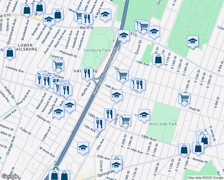 map of restaurants, bars, coffee shops, grocery stores, and more near 34 Arverne Terrace in Irvington