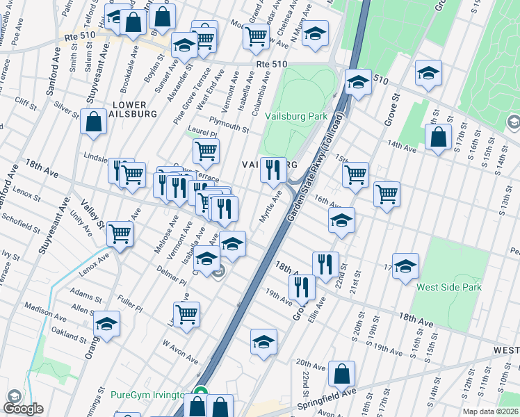 map of restaurants, bars, coffee shops, grocery stores, and more near 194 Munn Avenue in Irvington