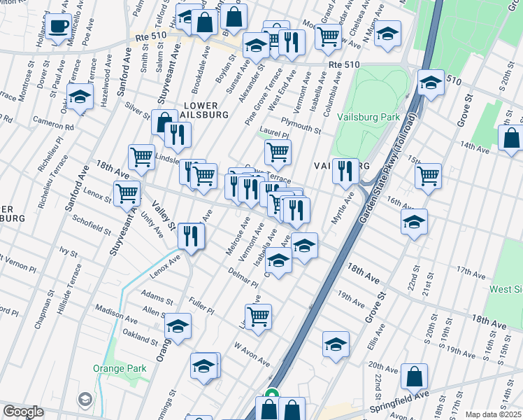 map of restaurants, bars, coffee shops, grocery stores, and more near 192 Vermont Avenue in Irvington