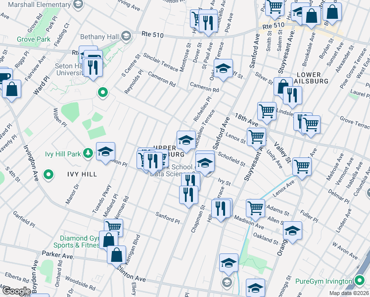 map of restaurants, bars, coffee shops, grocery stores, and more near 326 Ellery Avenue in Newark