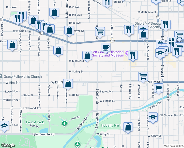 map of restaurants, bars, coffee shops, grocery stores, and more near 807 W Spring St in Lima