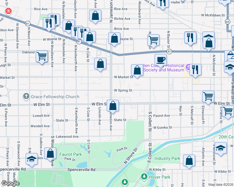map of restaurants, bars, coffee shops, grocery stores, and more near 903 West Spring Street in Lima