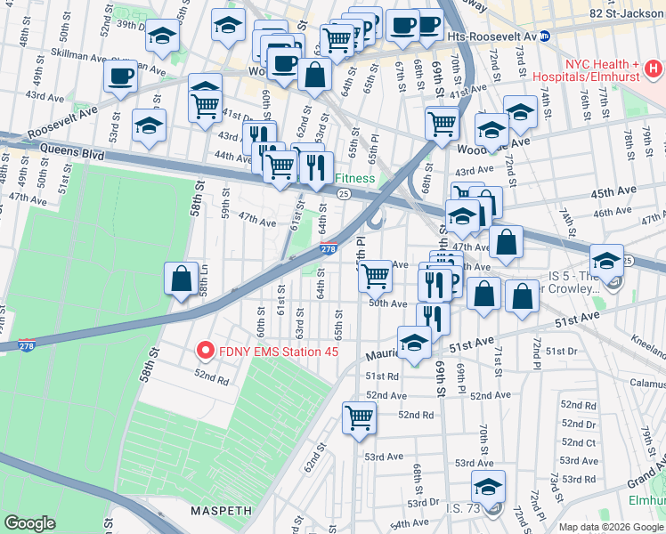 map of restaurants, bars, coffee shops, grocery stores, and more near 47-19 65th Street in Queens