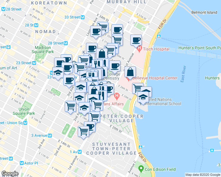 map of restaurants, bars, coffee shops, grocery stores, and more near 362 East 25th Street in New York