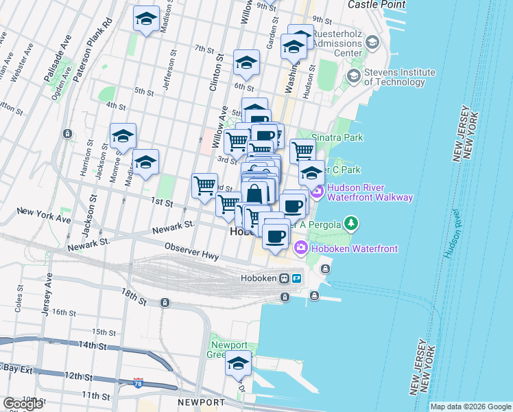 map of restaurants, bars, coffee shops, grocery stores, and more near 128 Washington Street in Hoboken