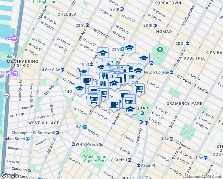 map of restaurants, bars, coffee shops, grocery stores, and more near 40 West 16th Street in New York
