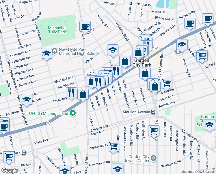map of restaurants, bars, coffee shops, grocery stores, and more near 2178 New York 25 in Garden City Park
