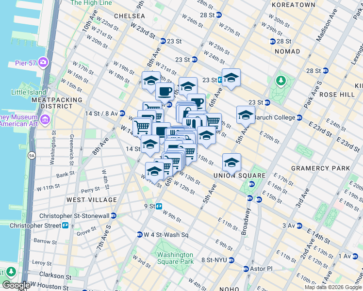 map of restaurants, bars, coffee shops, grocery stores, and more near 101 West 15th Street in New York