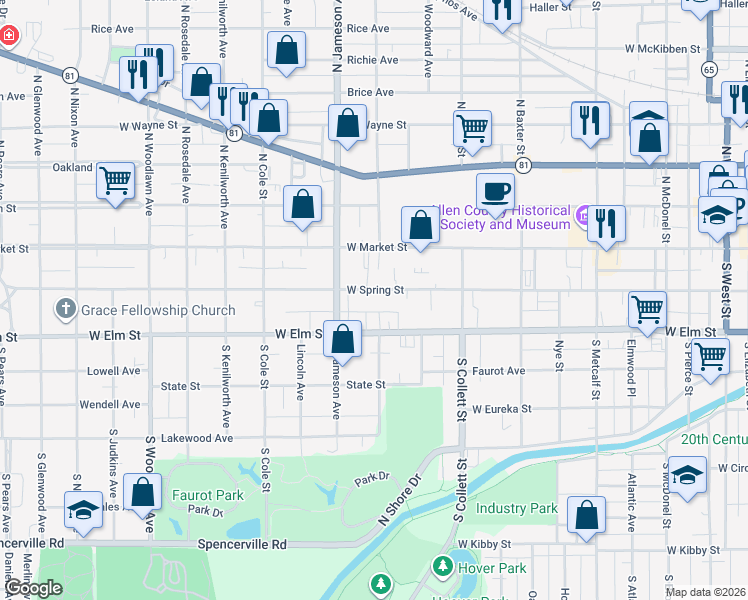 map of restaurants, bars, coffee shops, grocery stores, and more near 903 West Spring Street in Lima