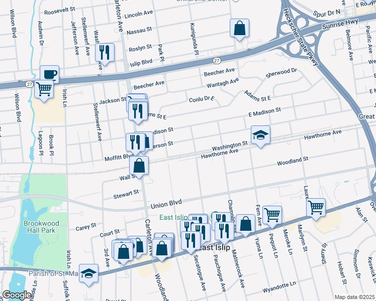 map of restaurants, bars, coffee shops, grocery stores, and more near 27 Washington Street in East Islip