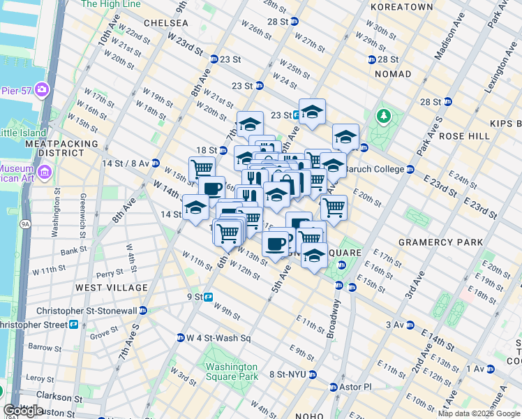 map of restaurants, bars, coffee shops, grocery stores, and more near 43 West 16th Street in New York