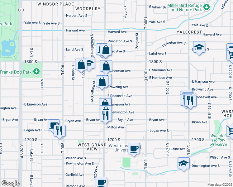 map of restaurants, bars, coffee shops, grocery stores, and more near 1151 Roosevelt Avenue South in Salt Lake City