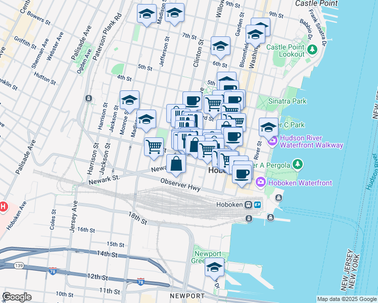 map of restaurants, bars, coffee shops, grocery stores, and more near 109 Willow Avenue in Hoboken