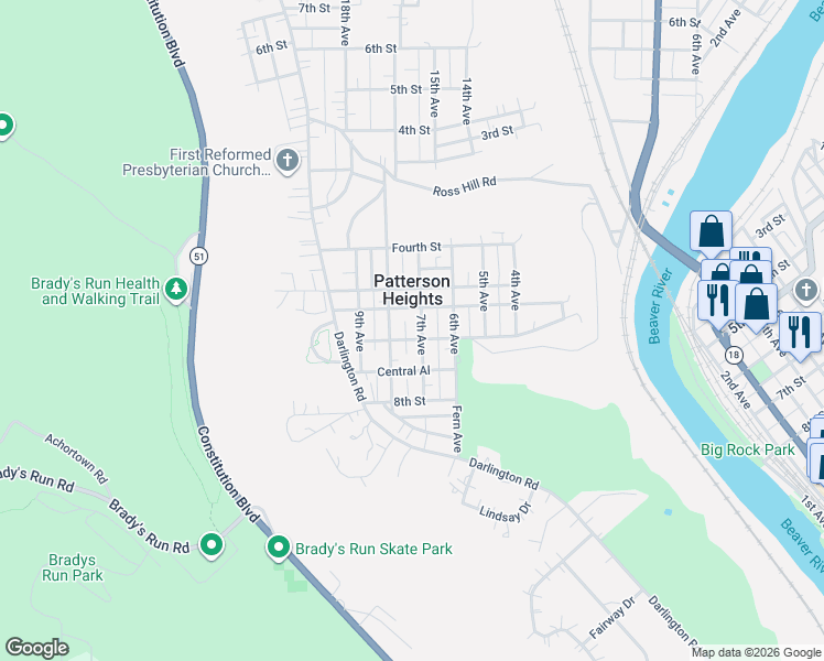 map of restaurants, bars, coffee shops, grocery stores, and more near 611 8th Avenue in Beaver Falls