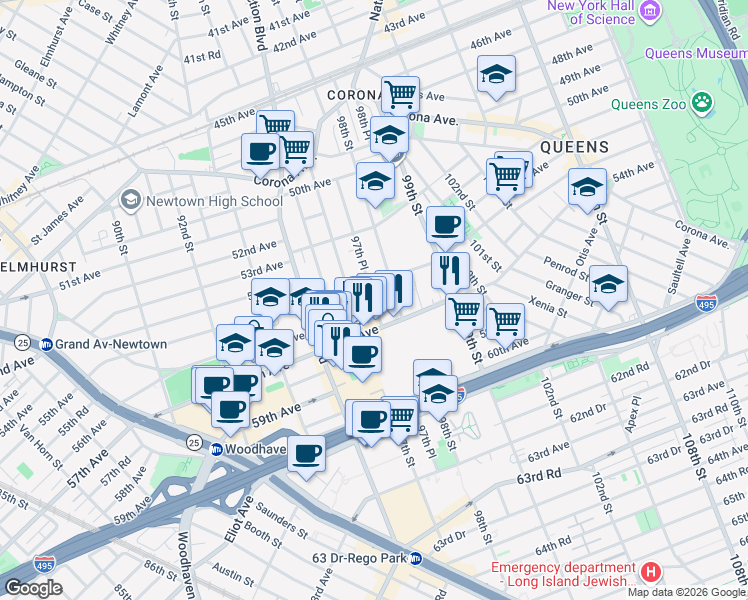 map of restaurants, bars, coffee shops, grocery stores, and more near 55-14 98th Street in Queens