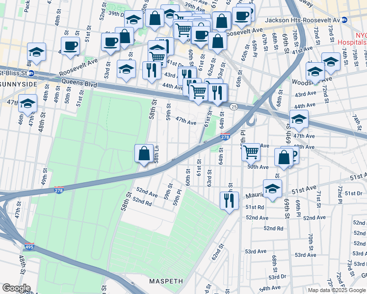 map of restaurants, bars, coffee shops, grocery stores, and more near 59-38 48th Avenue in Queens
