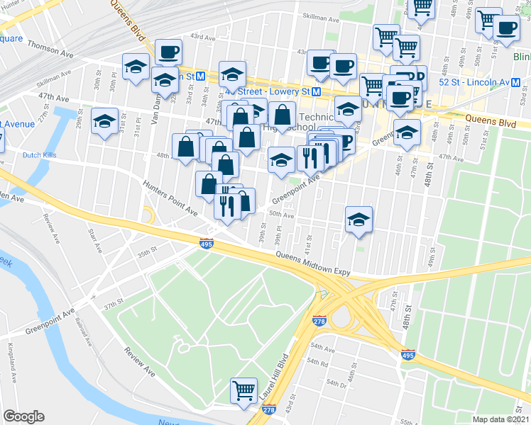 map of restaurants, bars, coffee shops, grocery stores, and more near 50th Avenue & 39th Street in Queens