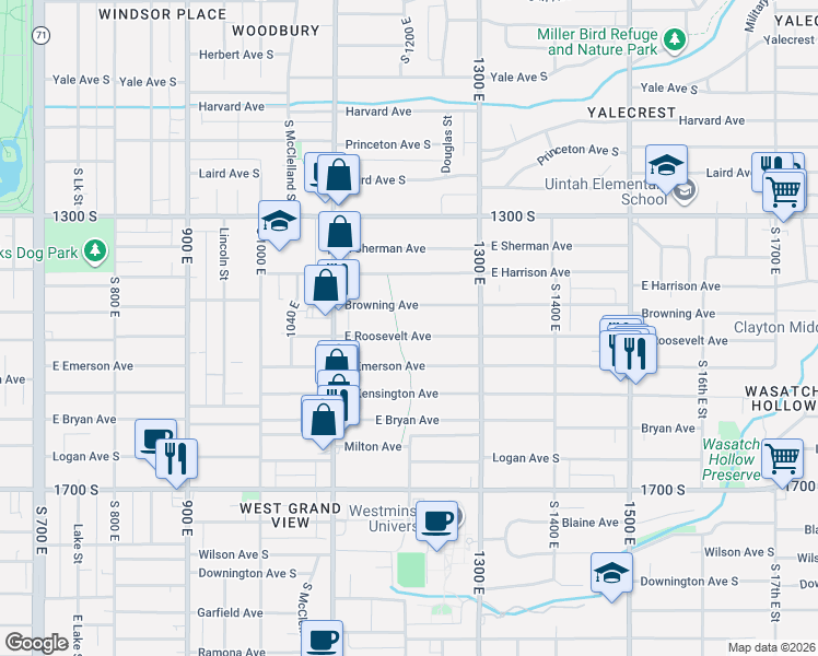map of restaurants, bars, coffee shops, grocery stores, and more near 1203 Roosevelt Avenue South in Salt Lake City