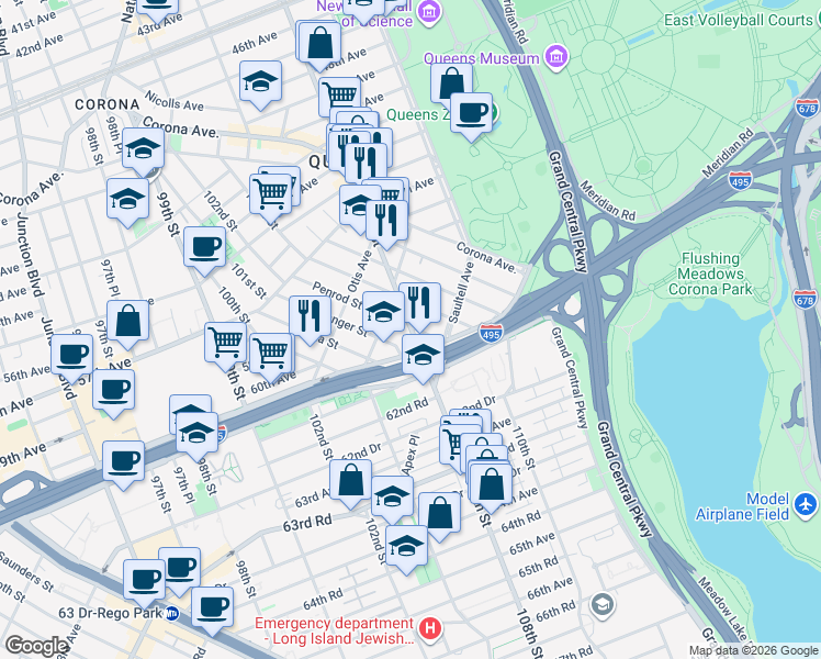 map of restaurants, bars, coffee shops, grocery stores, and more near 108-15 Horace Harding Expressway in Queens