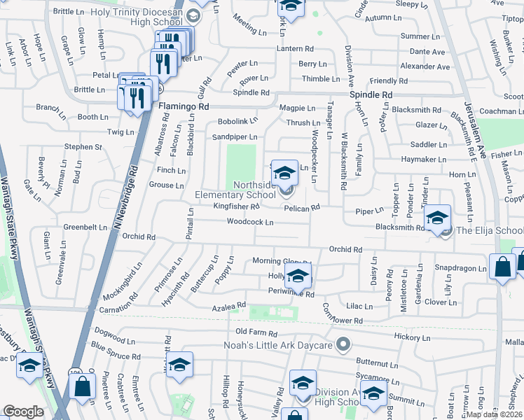 map of restaurants, bars, coffee shops, grocery stores, and more near 89 Kingfisher Road in Levittown