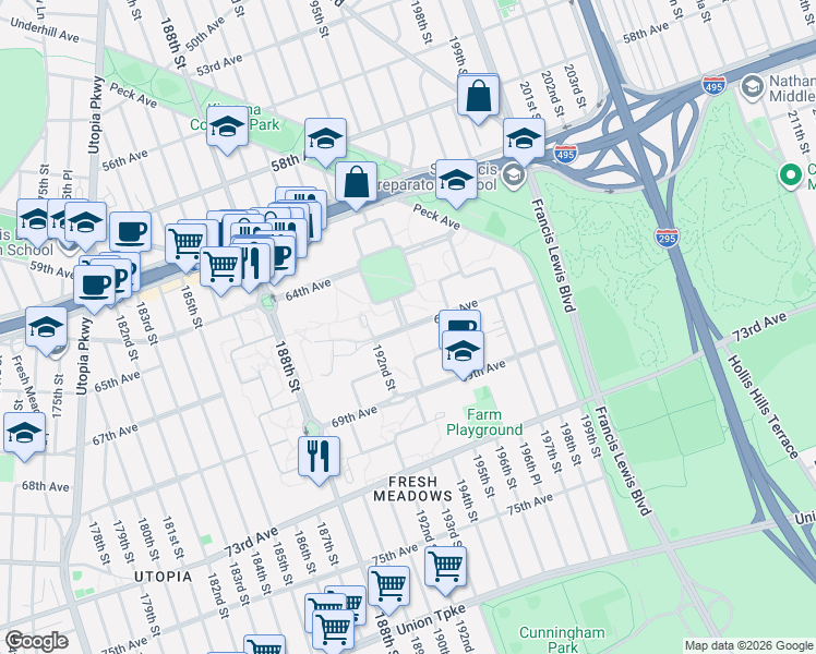 map of restaurants, bars, coffee shops, grocery stores, and more near 64-19H 194th Lane in Queens
