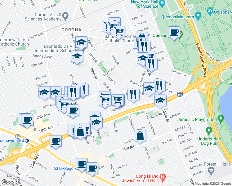 map of restaurants, bars, coffee shops, grocery stores, and more near 3 100th Street in Queens