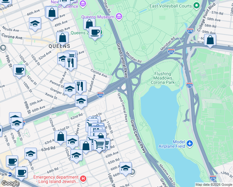 map of restaurants, bars, coffee shops, grocery stores, and more near 66-20 Grand Central Parkway in Queens