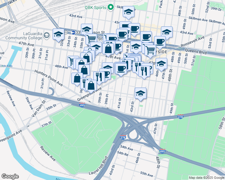 map of restaurants, bars, coffee shops, grocery stores, and more near 39-41 50th Avenue in Queens