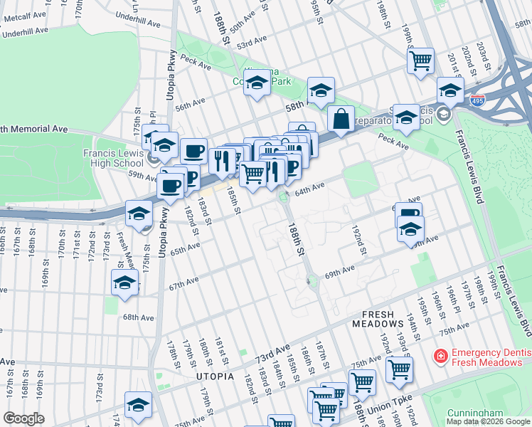 map of restaurants, bars, coffee shops, grocery stores, and more near 64-05B 186th Lane in Queens