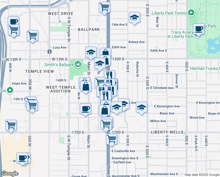 map of restaurants, bars, coffee shops, grocery stores, and more near 104 Cleveland Avenue South in Salt Lake City