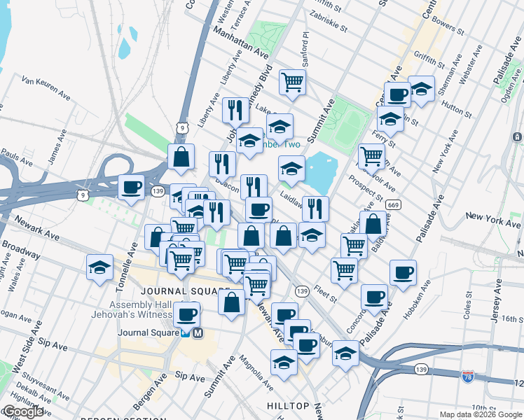 map of restaurants, bars, coffee shops, grocery stores, and more near in Jersey City