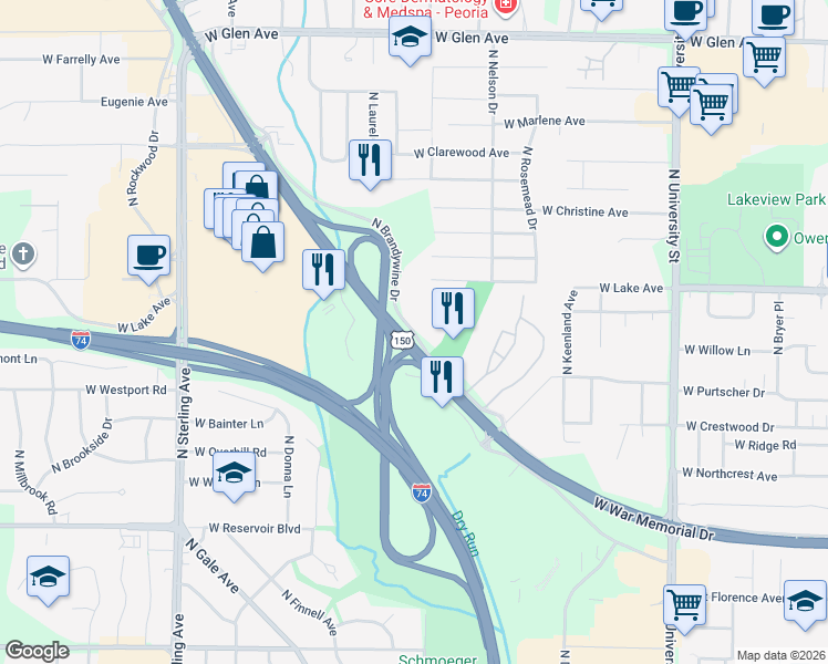 map of restaurants, bars, coffee shops, grocery stores, and more near 4010 North Brandywine Drive in Peoria