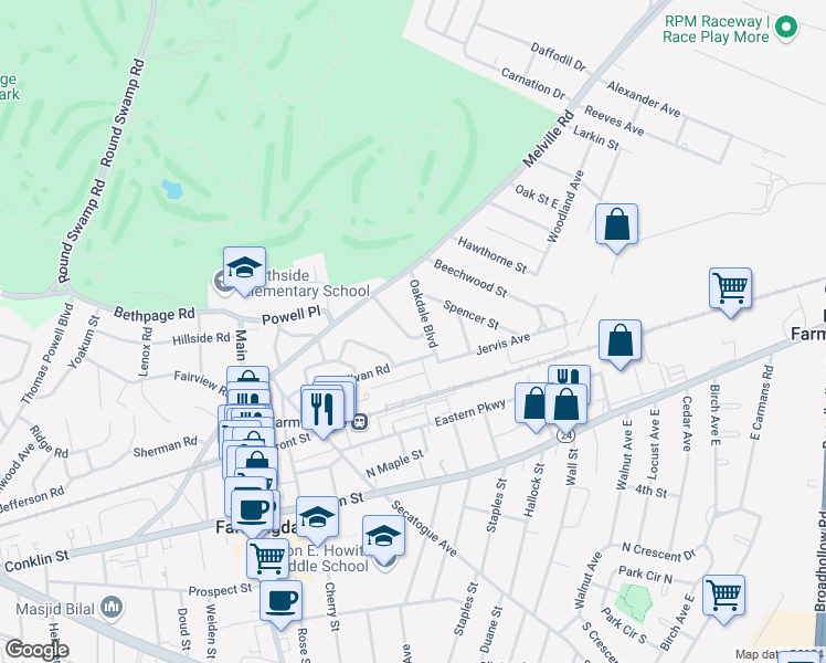 map of restaurants, bars, coffee shops, grocery stores, and more near 51 Balcom Road in Farmingdale