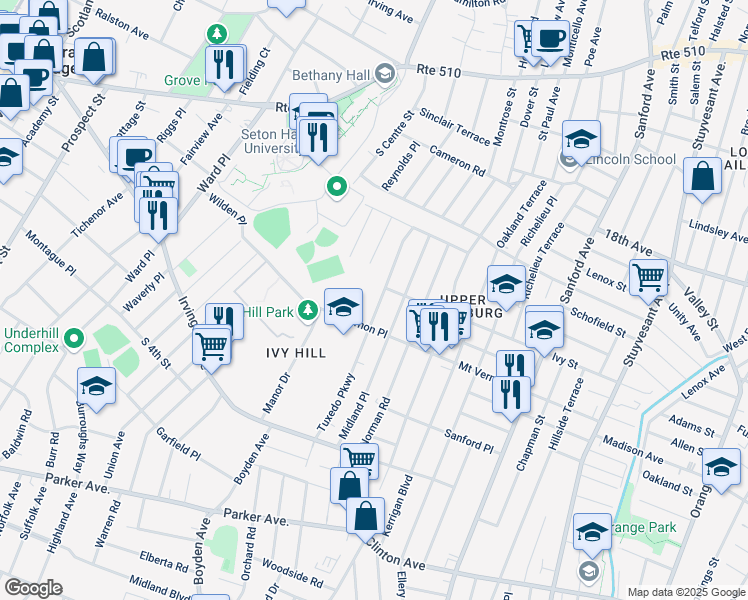 map of restaurants, bars, coffee shops, grocery stores, and more near 77 Tuxedo Parkway in Newark