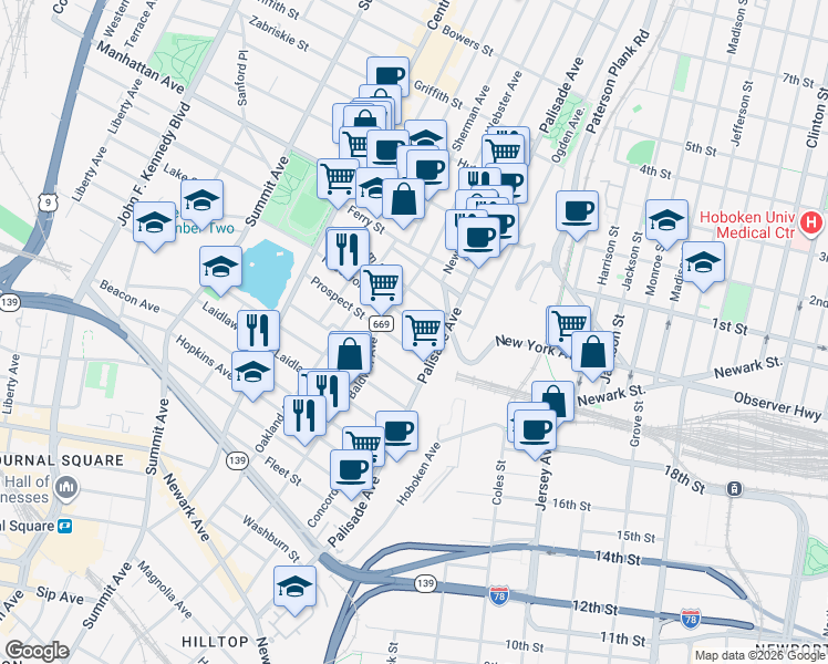 map of restaurants, bars, coffee shops, grocery stores, and more near 21 Reservoir Avenue in Jersey City