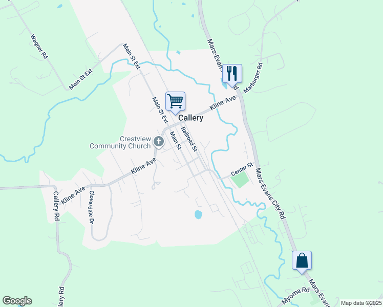 map of restaurants, bars, coffee shops, grocery stores, and more near in Callery