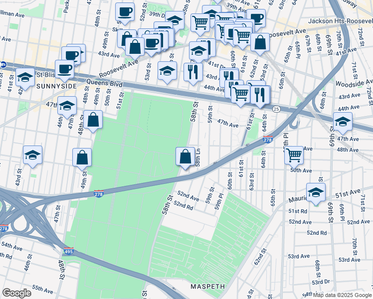 map of restaurants, bars, coffee shops, grocery stores, and more near 48-12 58th Street in Queens
