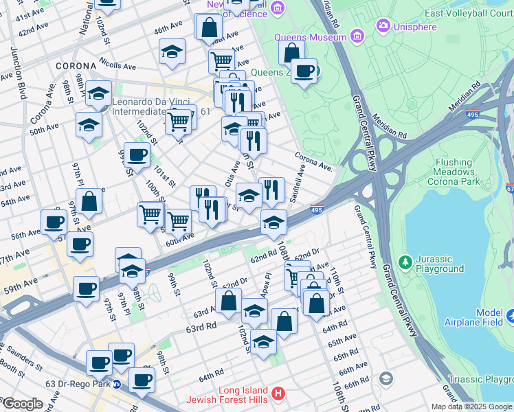 map of restaurants, bars, coffee shops, grocery stores, and more near 108-15 Horace Harding Expressway in Queens