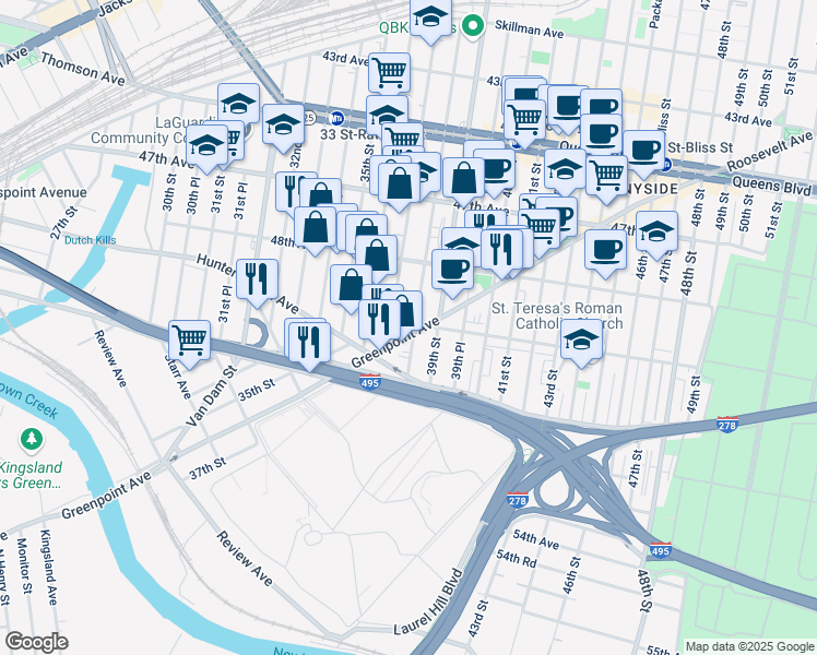 map of restaurants, bars, coffee shops, grocery stores, and more near 48-94 38th Street in Queens