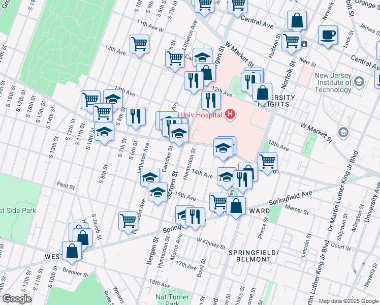 map of restaurants, bars, coffee shops, grocery stores, and more near 189 Hunterdon Street in Newark