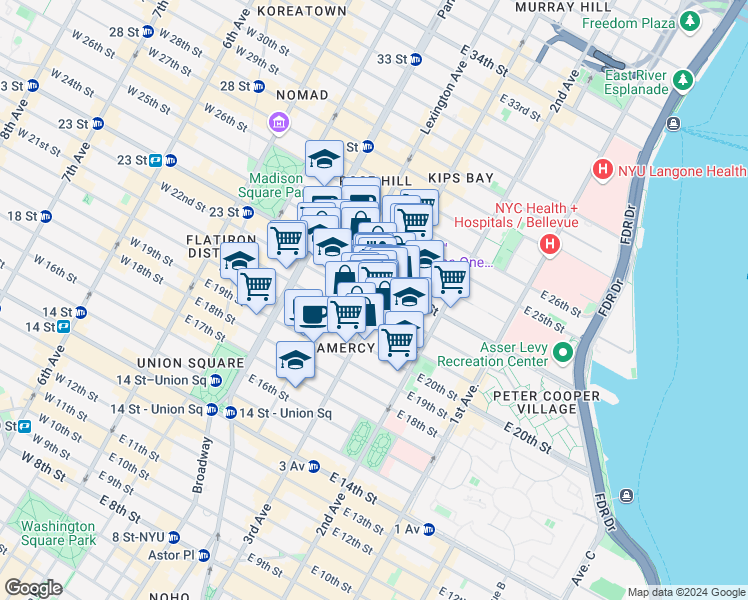 map of restaurants, bars, coffee shops, grocery stores, and more near 17 Lexington Avenue in New York