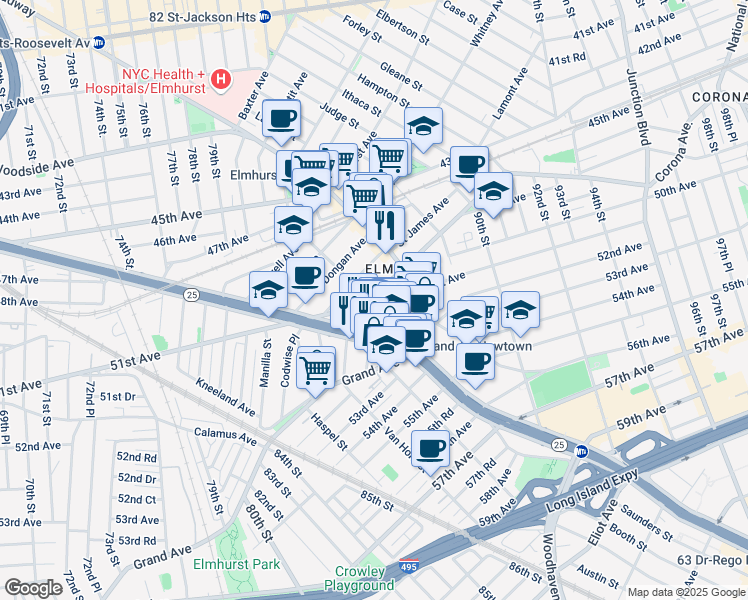 map of restaurants, bars, coffee shops, grocery stores, and more near in Queens