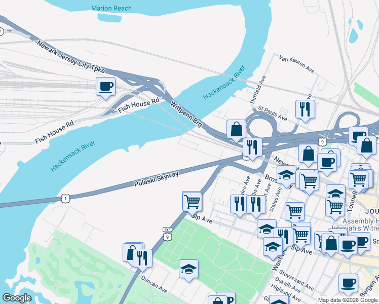map of restaurants, bars, coffee shops, grocery stores, and more near 275 Broadway in Jersey City