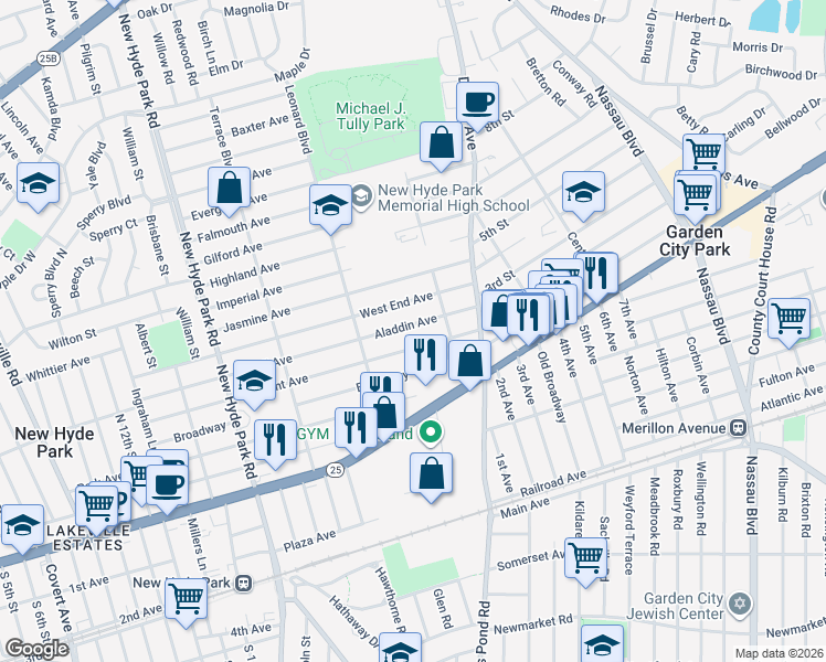 map of restaurants, bars, coffee shops, grocery stores, and more near 1752 Aladdin Avenue in New Hyde Park