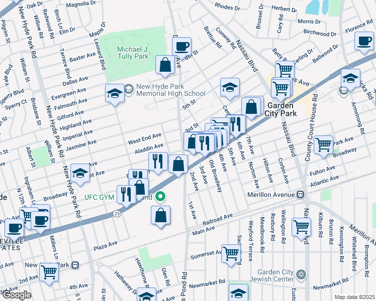 map of restaurants, bars, coffee shops, grocery stores, and more near 24 Denton Avenue in New Hyde Park